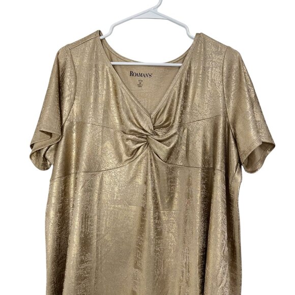 Roamans CHART SZ M(14-16) Gold Metallic Short Sleeve Tunic Top Comfy Stretch - Picture 2 of 10